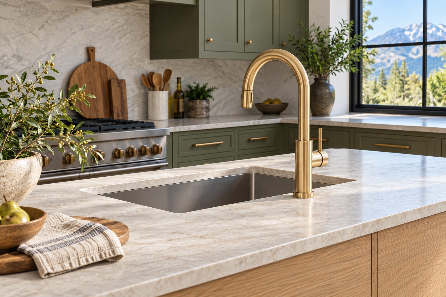 Brass faucet and sink in a warm oak kitchen