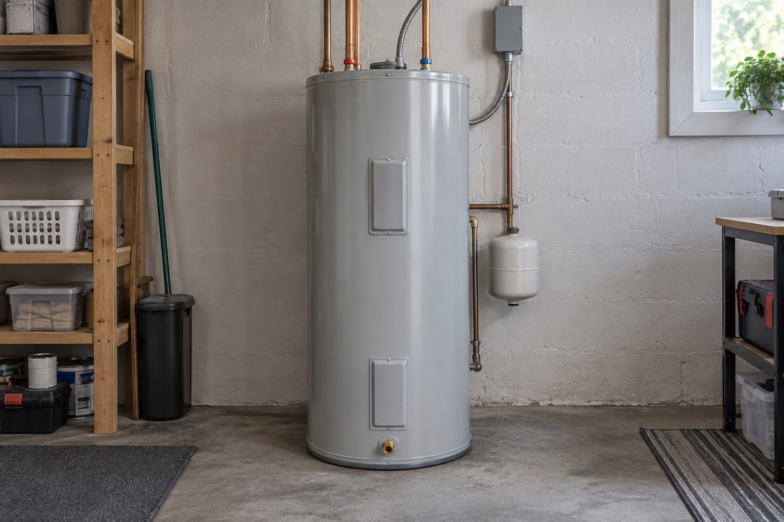 Electric tank water heater in a residential utility room